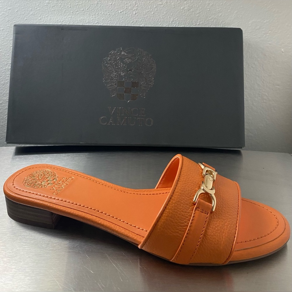 Vince Camuto Orange Leather Mules with Gold Accent - Picture 5 of 15